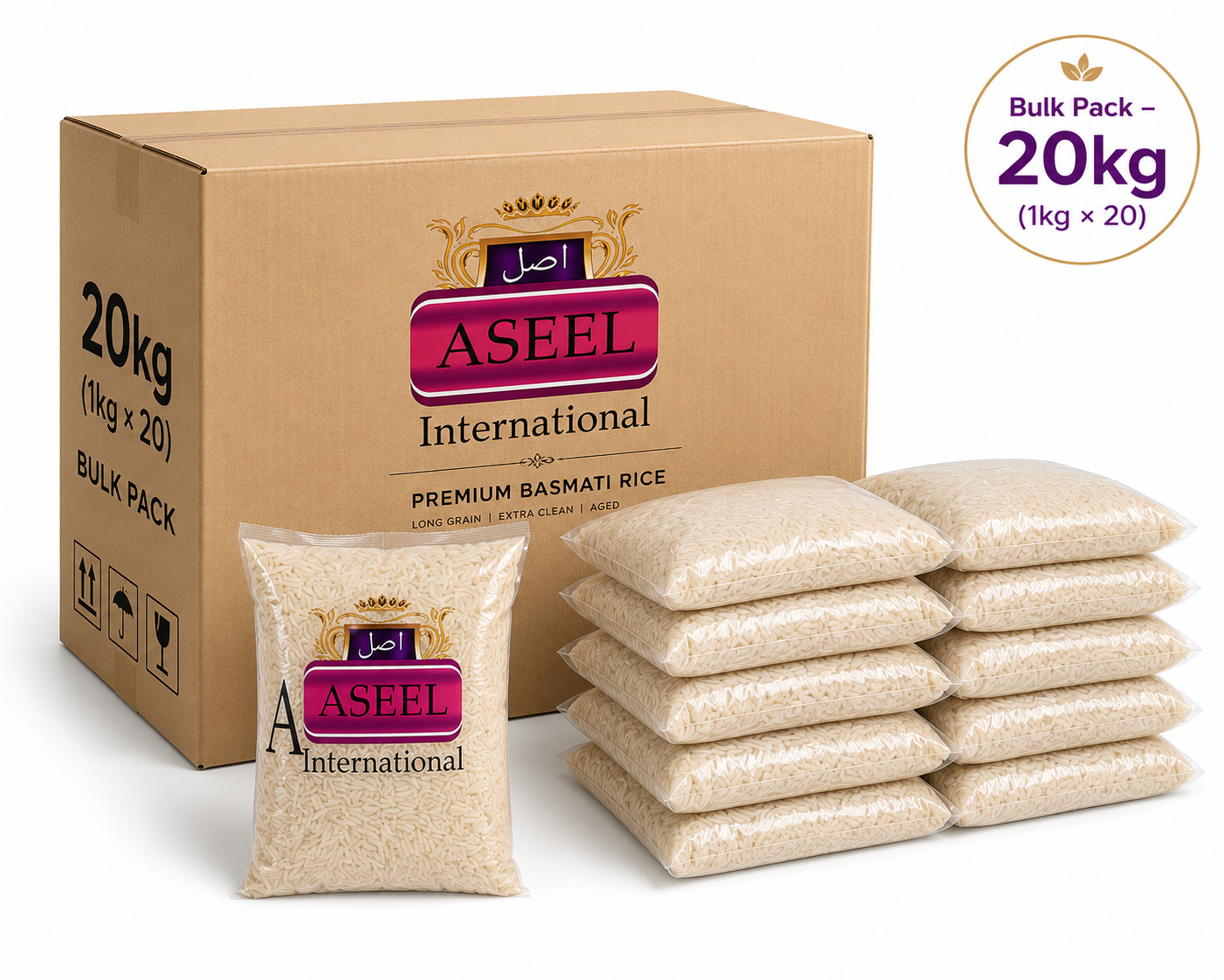 ASEEL Premium Kachhi Basmati Rice – Bulk Pack 20kg (1kg × 20 Packs)